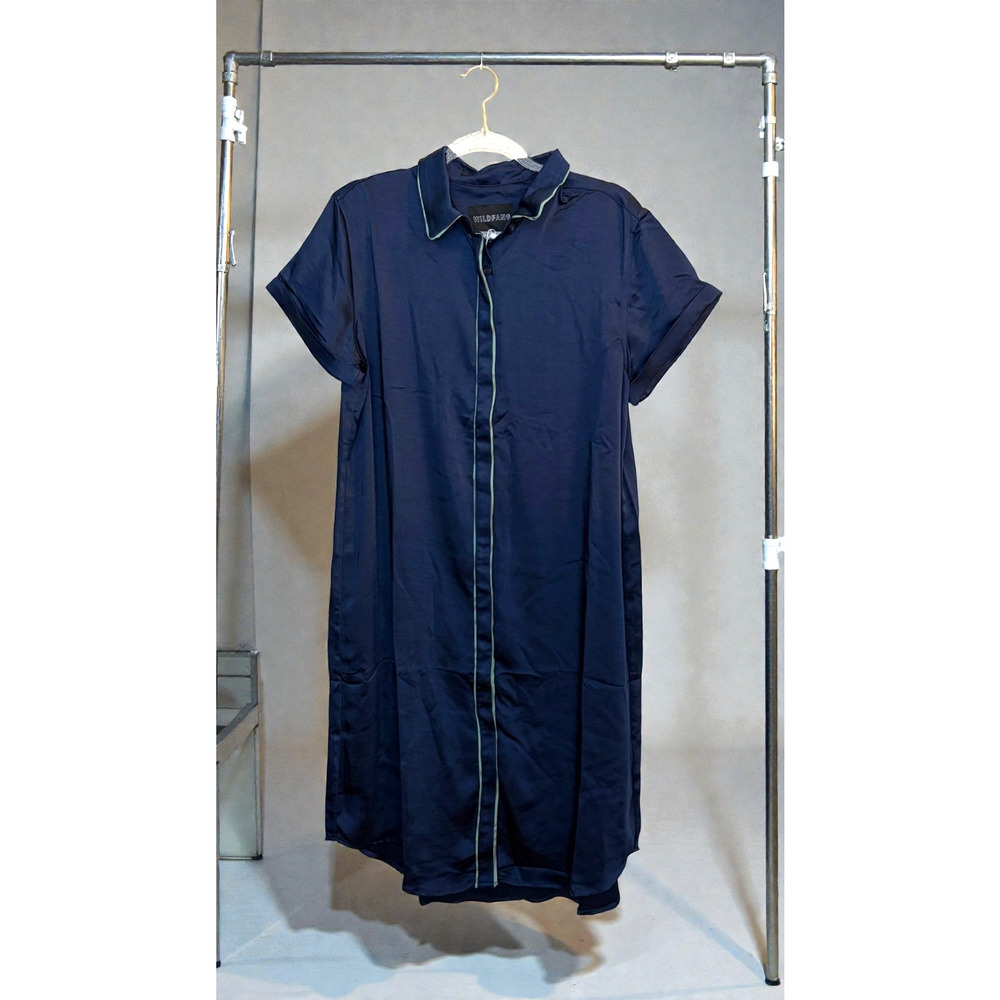 Wildfang The Empower Satin Shirt Dress Navy Blue Green Contrast Trim Medium Mod - Picture 2 of 11